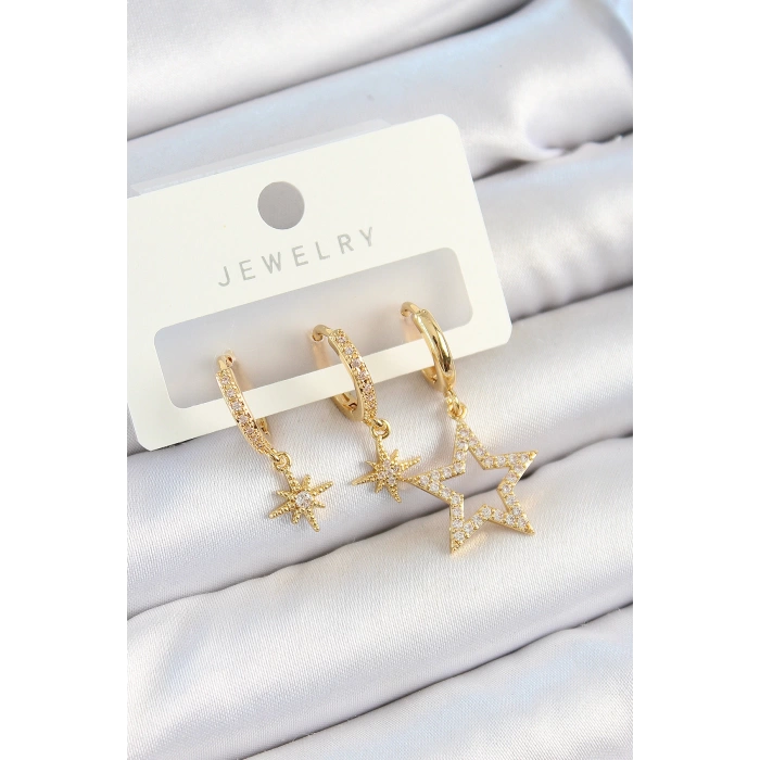 Pirinç Zirkon Taşlı Yıldız Model Gold Renk 3lü Çift Kadın Küpe Set