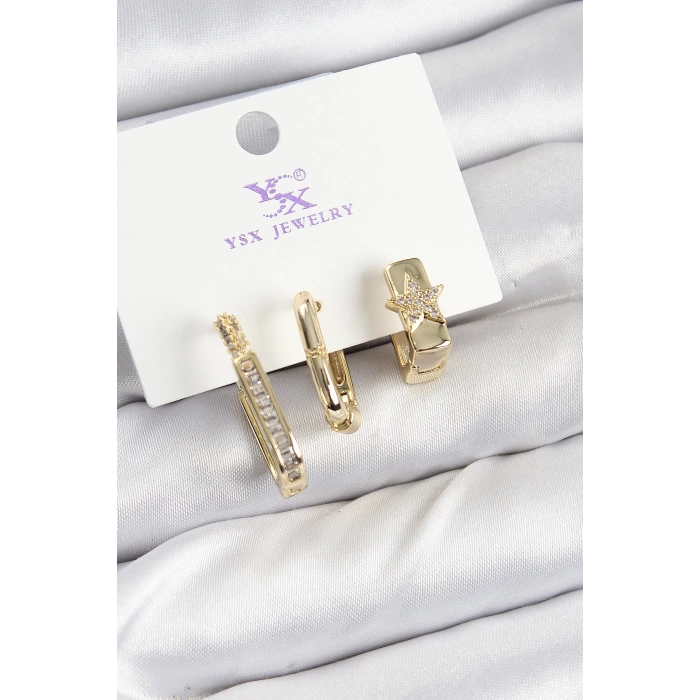 Pirinç Zİrkon Taşlı Yıldız Model Gold Renk 3lü Kadın Küpe