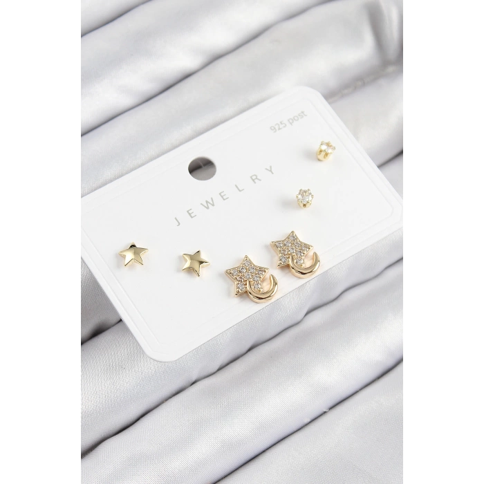 Pirinç Zirkon Taşlı Yıldız Model Gold Renk 925 Ayar Gümüş Çivi Kadın Küpe Set