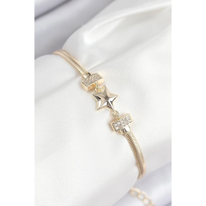 Pirinç Zirkon Taşlı Yıldız Model Gold Renk Kadın Bileklik