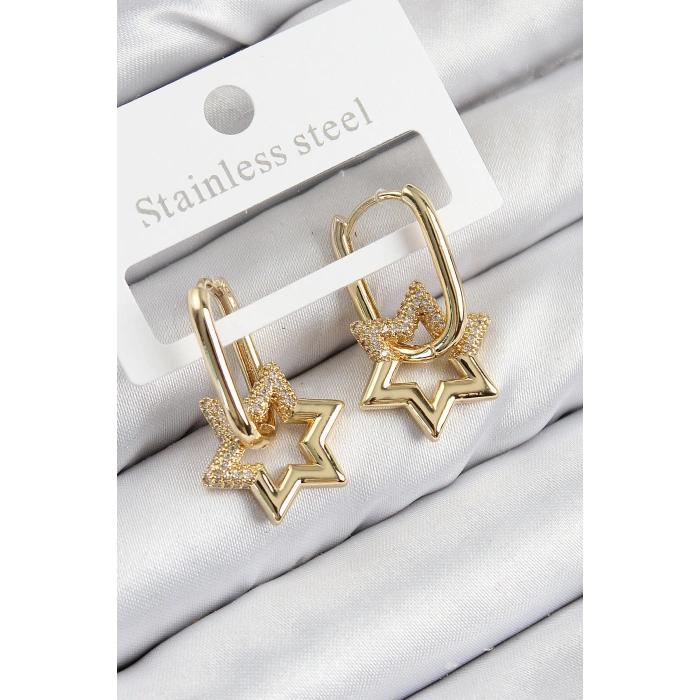 Pirinç Zirkon Taşlı Yıldız Model Gold Renk Kadın Küpe