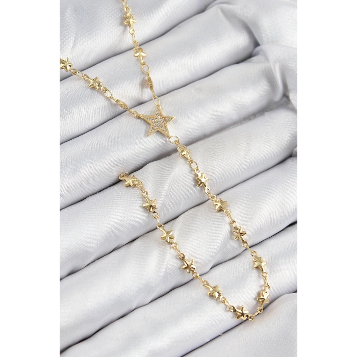Pirinç Zirkon Taşlı Yıldız Model Gold Renk Y Kolye