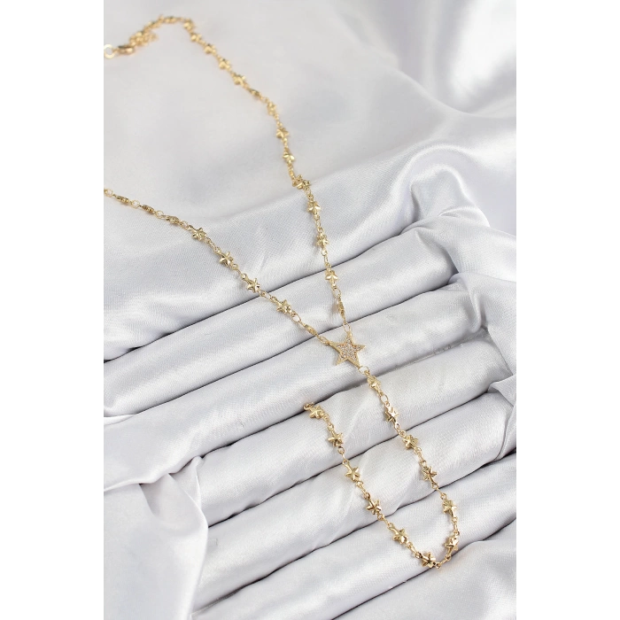 Pirinç Zirkon Taşlı Yıldız Model Gold Renk Y Kolye