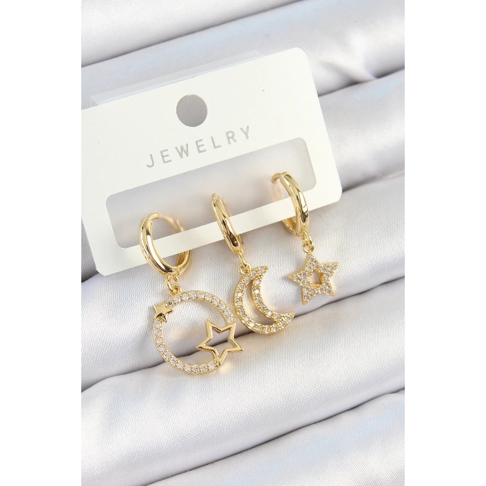Pirinç Zirkon Taşlı Yıldız Ve Ay Model Gold Renk 3lü Çift Kadın Küpe Set