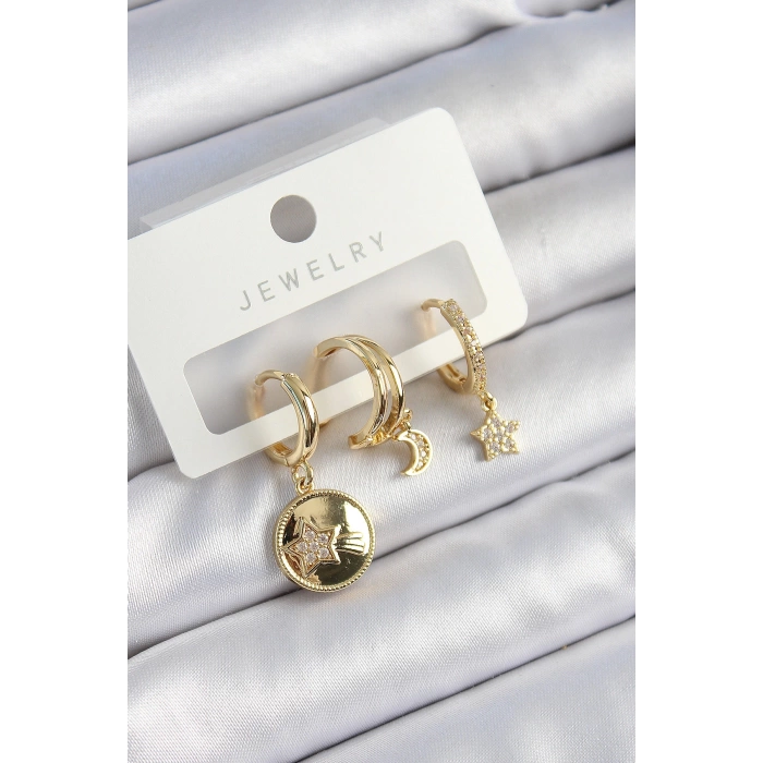 Pirinç Zirkon Taşlı Yıldız Ve Ay Model Gold Renk 3lü Çift Kadın Küpe Set