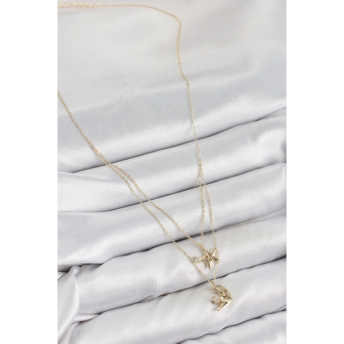 Pirinç Zirkon Taşlı Yıldız Ve Ay Model Gold Renk Kadın Kolye