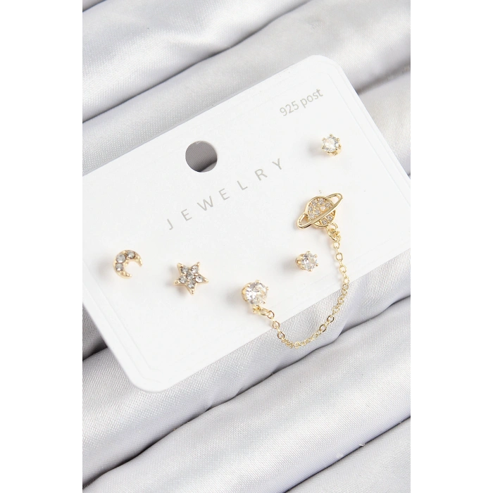 Pirinç Zirkon Taşlı Yıldız Ve Gezegen Model Gold Renk 925 Ayar Gümüş Çivi Kadın Küpe Set