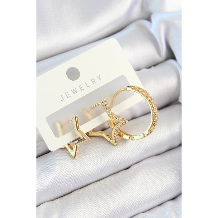 Pirinç Zirkon Taşlı Yıldız Ve Halka Model Gold Renk 3lü Çift Kadın Küpe Set