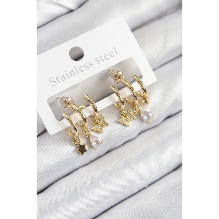 Pirinç Zirkon Taşlı Yıldız Ve Kelebek Model Gold Renk Kadın Küpe