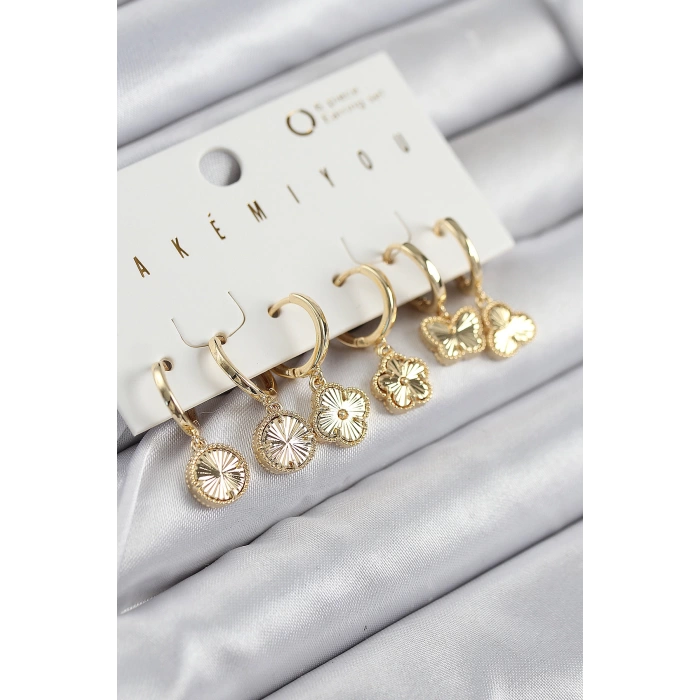 Pirinç Zirkon Taşlı Yonca Model Gold Renk 6lı Küpe Set