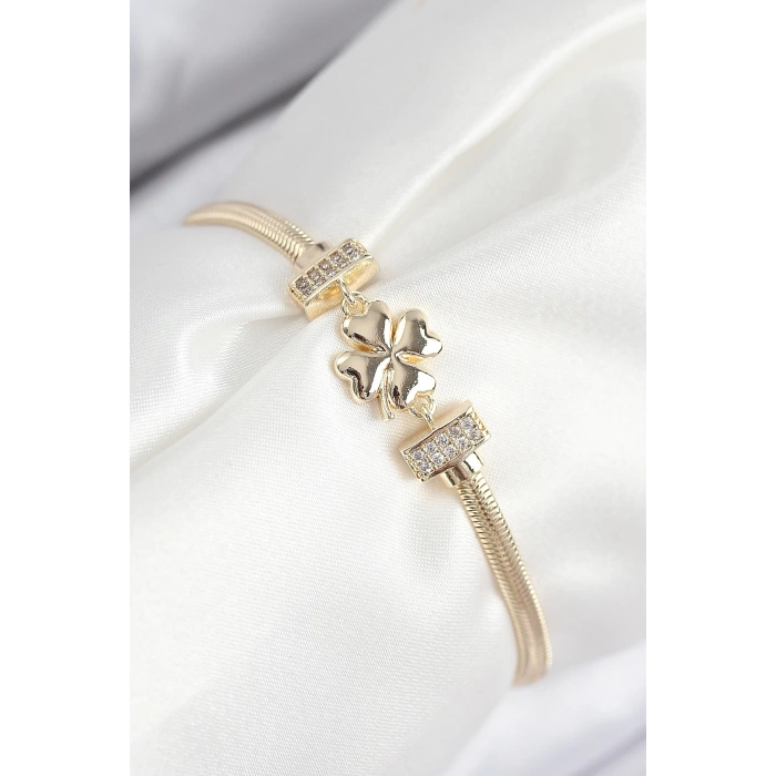 Pirinç Zirkon Taşlı Yonca Model Gold Renk Kadın Bileklik