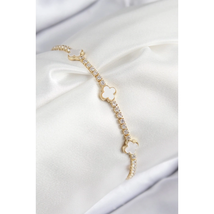 Pirinç Zirkon Taşlı Yonca Model Gold Renk Kadın Bileklik