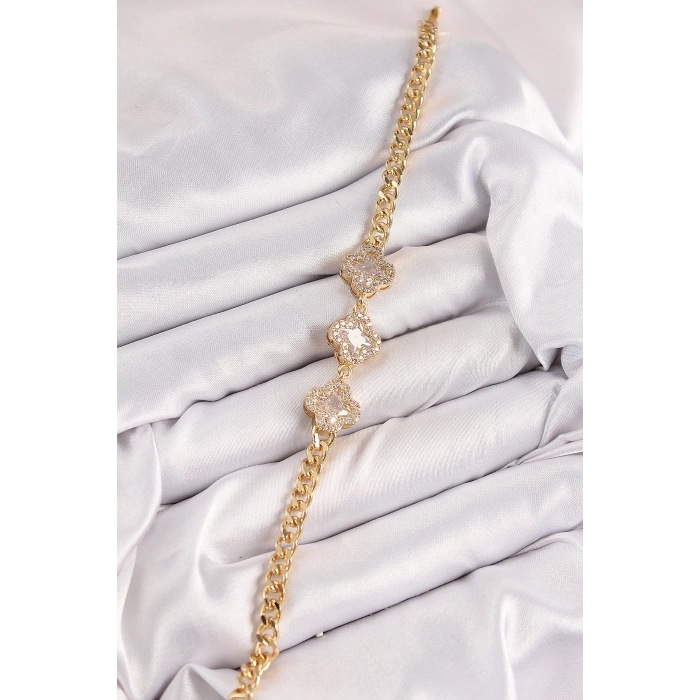 Pirinç Zirkon Taşlı Yonca Model Gold Renk Kadın Bileklik