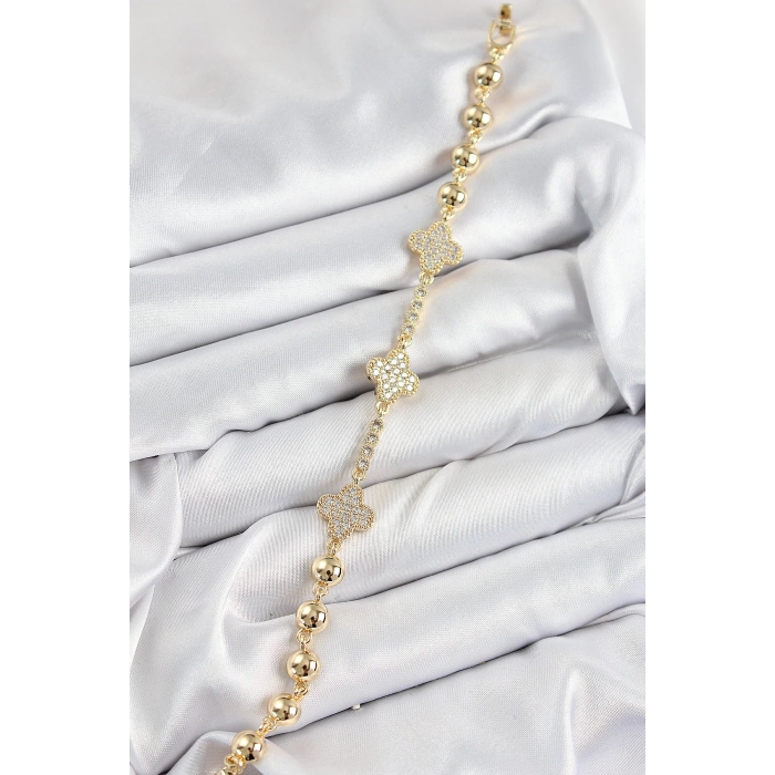 Pirinç Zirkon Taşlı Yonca Model Gold Renk Kadın Bileklik