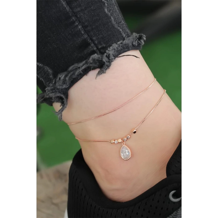 Rose Gold Renk Zirkon Damla Taşlı Halhal