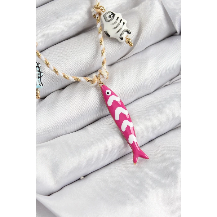 Seramik Motifli Pembe Balık Figürlü Model Krem İp Kadın Kolye