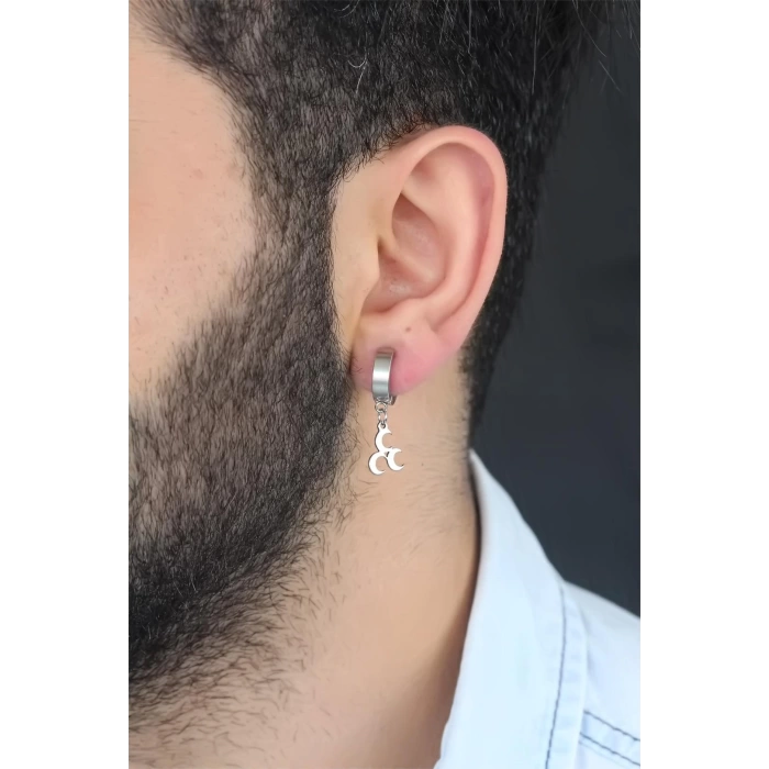 Silver Renk Kaplama 3 Hilal Figürlü Çelik Kıstırmalı Erkek Küpe
