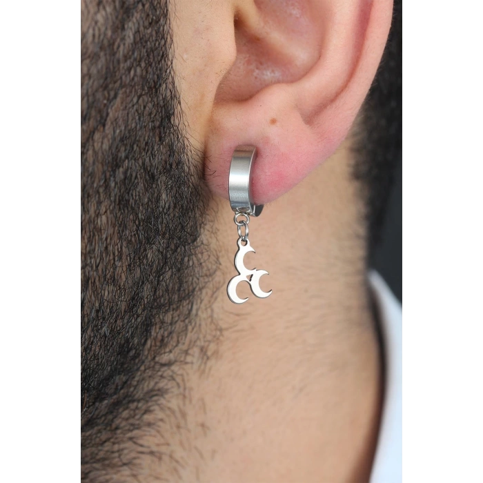 Silver Renk Kaplama 3 Hilal Figürlü Çelik Kıstırmalı Erkek Küpe