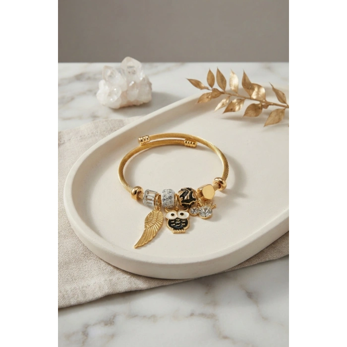 Siyah Baykuş Model Gold Renk Charmlı Bileklik