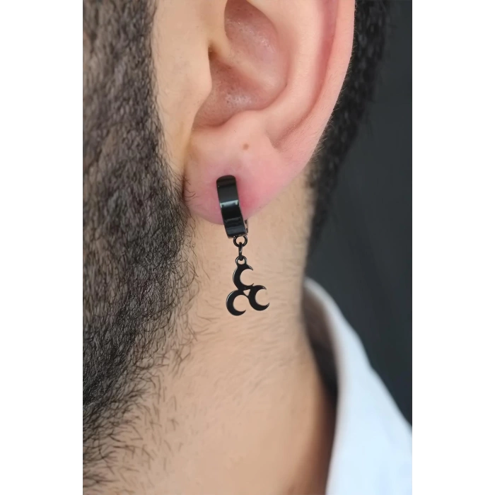 Siyah Renk Kaplama 3 Hilal Figürlü Çelik Kıstırmalı Erkek Küpe
