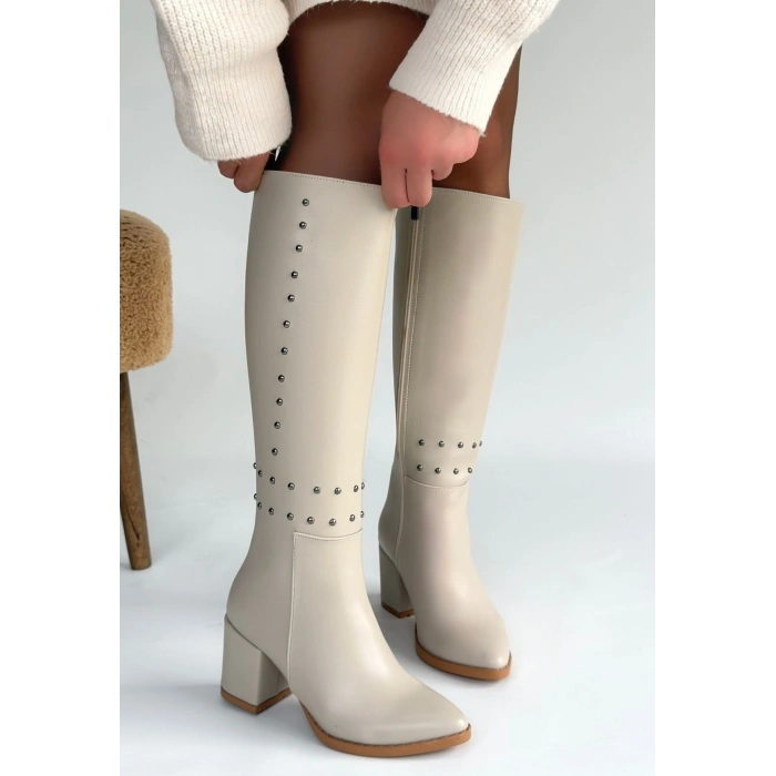 Tiyan Bej Cilt Topuklu Çizme