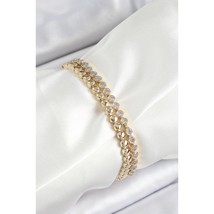 Xuping Pirinç Zirkon Taşlı Çift Görünümlü Model Gold Renk Kadın Bileklik