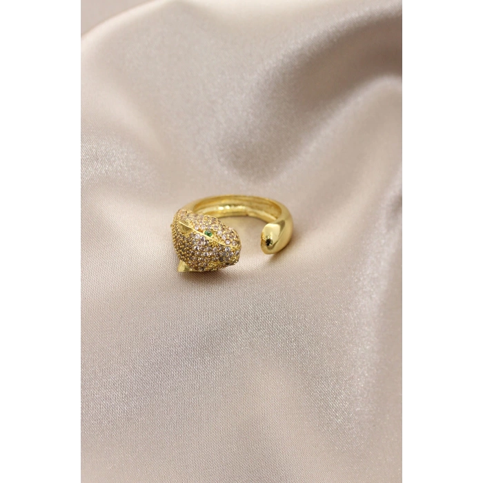 Yeni Sezon Gold Renk Taşlı Yeşil Gözlü Kaplan Yüzük