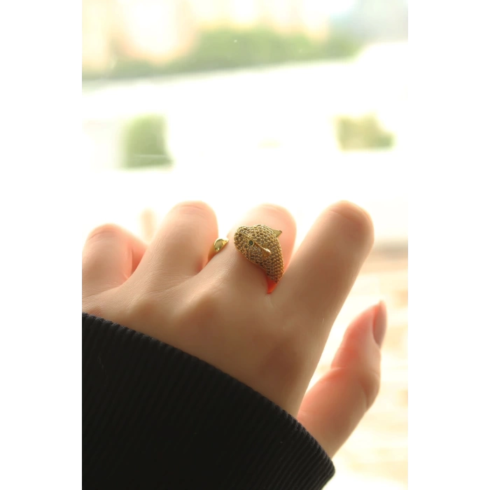 Yeni Sezon Gold Renk Taşlı Yeşil Gözlü Kaplan Yüzük