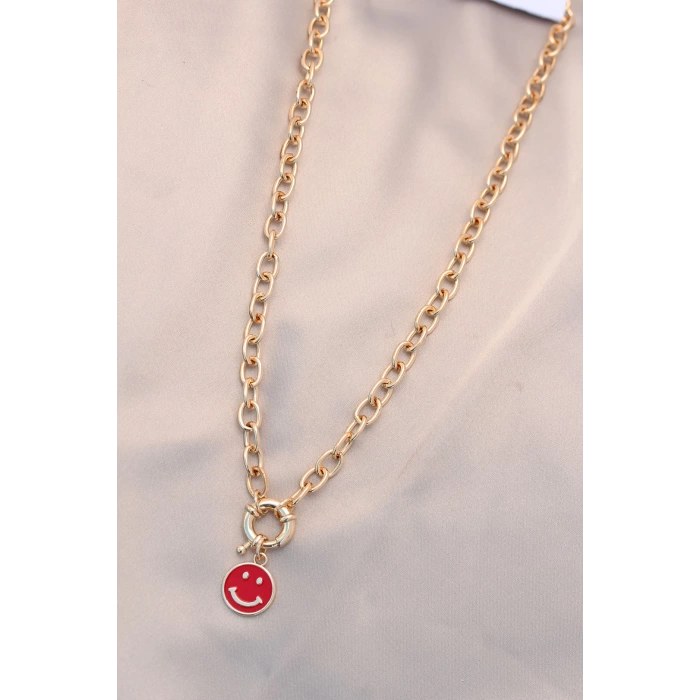 Yeni Sezon Kırmızı Renk Smile Model Retro Gold Metal Kolye