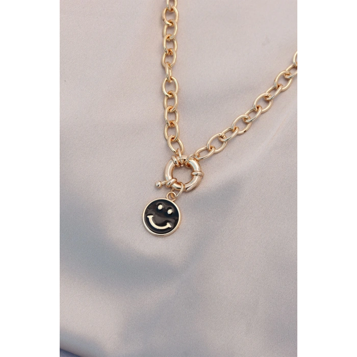 Yeni Sezon Siyah Renk Smile Model Retro Gold Metal Kolye