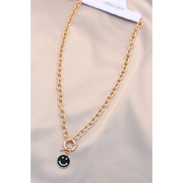Yeni Sezon Siyah Renk Smile Model Retro Gold Metal Kolye