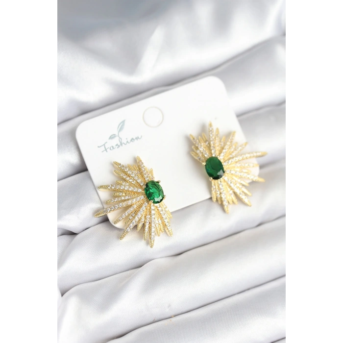 Yeşil Taş Detaylı Zirkon Taşlı Gold Renk Pirinç Kadın Küpe