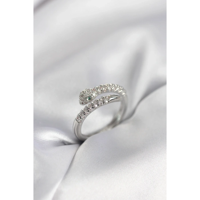 Yılan Model Gümüş Renk Zirkon Taşlı Kadın Yüzük