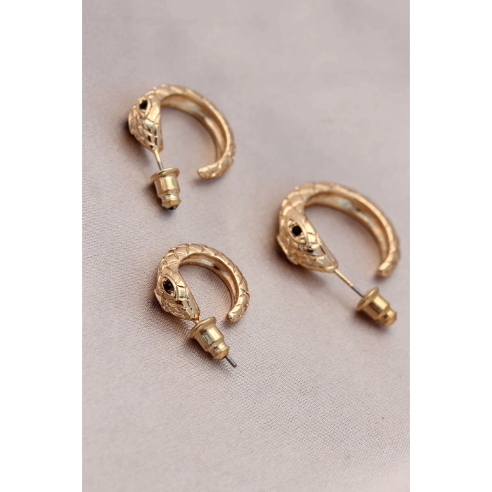 Yılan Tasarımlı Halka Model Gold Metal Küpe Seti