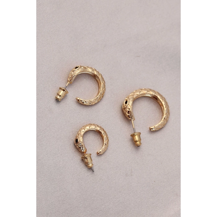 Yılan Tasarımlı Halka Model Gold Metal Küpe Seti
