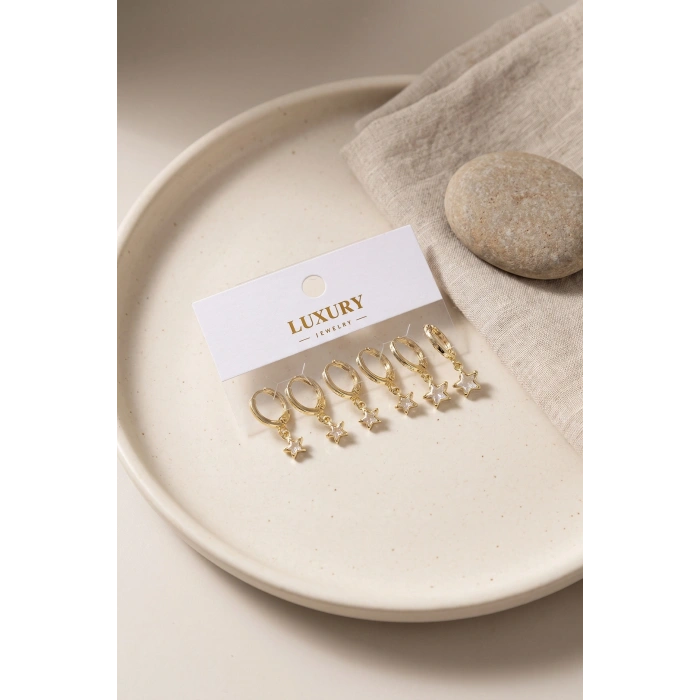 Yıldız Zirkon Taşlı Gold Renk Pirinç Set Küpe