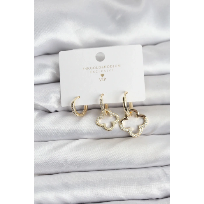 Yonca Model Gold Renk Pirinç 3lü Kadın Küpe Seti