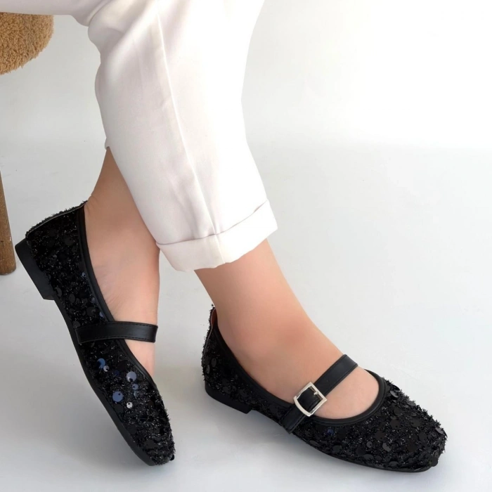 Zaty Siyah Süet Siyah Pullu Babet Ayakkabı