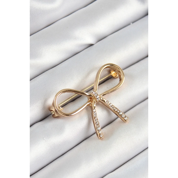 Zirkon Taş Detaylı 3D Fiyonk Figürlü Gold Renk Kadın Broş