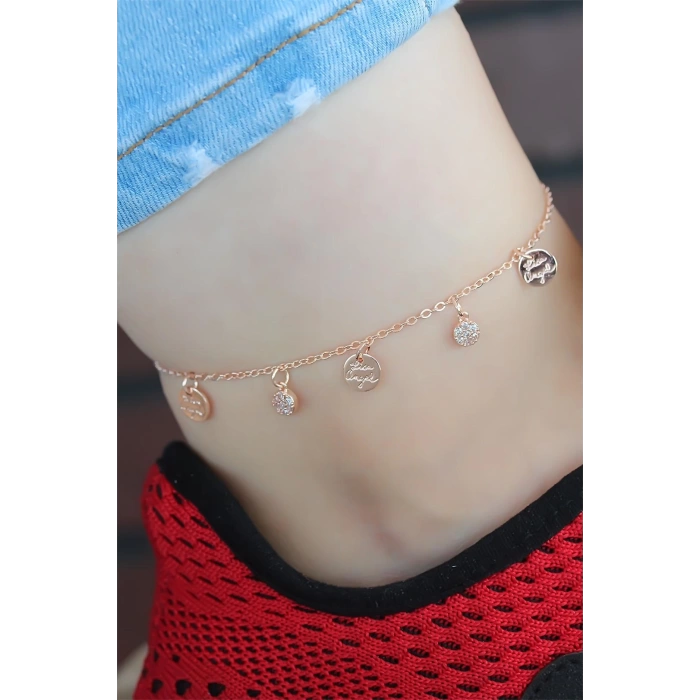 Zirkon Taşlı Çift Zincirli Rose Kaplama Metal Aksesuarlı Hal Hal