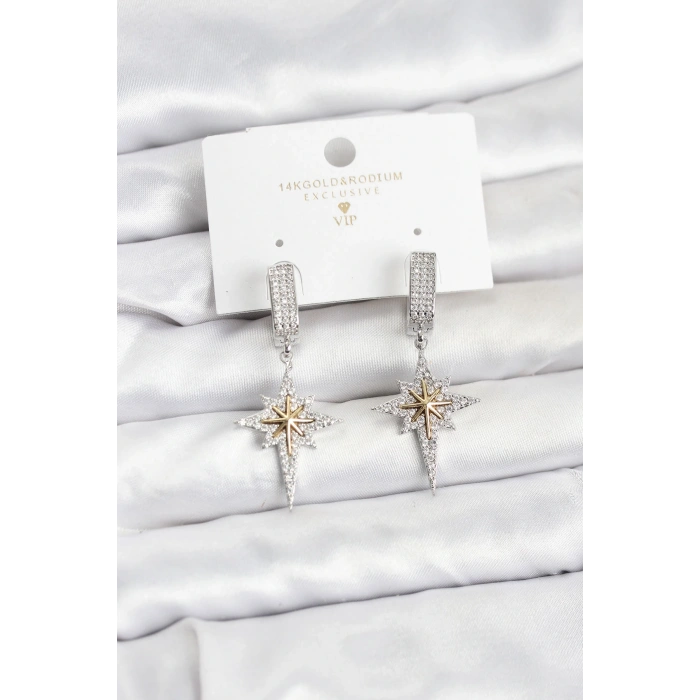 Zirkon Taşlı Gümüş Renk Pirinç Kutup Yıldızı Model Kadın Küpe