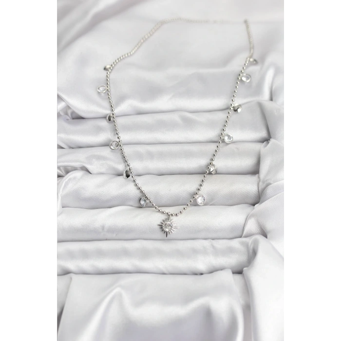 Zirkon Taşlı Kutup Yıldızı Model Pirinç Gümüş Renk Kadın Kolye