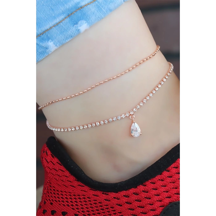 Zirkon Taşlı Rose Renk Çift Zincirli Hal Hal