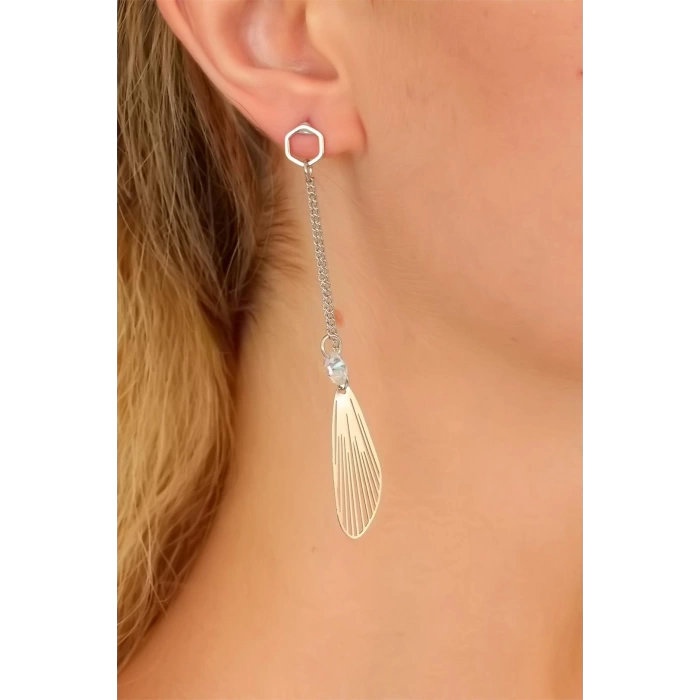 Zirkon Taşlı Silver Renk Zincirli Bayan Sallantı Küpe