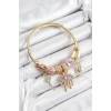 316L Çelik Mor Zirkon Taşlı Kilit Göz Ve Anahtar Model Gold Renk Charm Bileklik