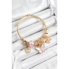 316L Çelik Pembe Zirkon Taşlı Kelebek Fiyonk Ve Kilit Model Gold Renk Charm Bileklik
