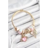 316L Çelik Pembe Zirkon Taşlı Kilit Anahtar Ve Kalp Model Gold Renk Charm BileklikCharm Bileklik