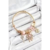 316L Çelik Pembe Zirkon Taşlı Kilit Göz Ve Anahtar Model Gold Renk Charm Bileklik