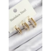 316L Çelik Zirkon Taşlı Dikdörtgen Model Gold Renk 3lü Set Kadın Küpe