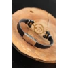 Gold Renk Elif Vav Metal Aksesuarlı Siyah Renk Deri Erkek Bileklik